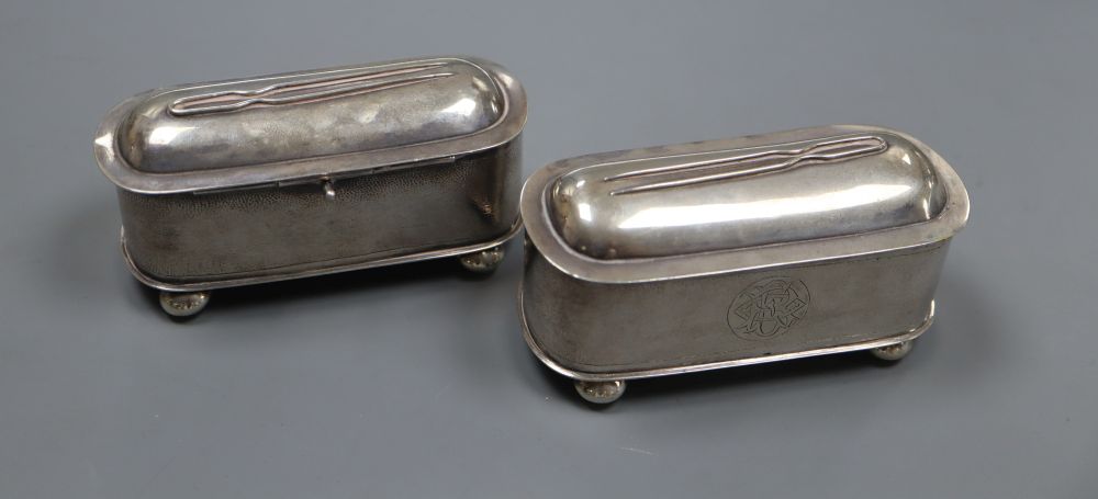 A pair of late 19th/early 20th century Chinese white metal oval pin boxes, by Tuck Chang, Shanghai, 10.5cm, 7.5oz.